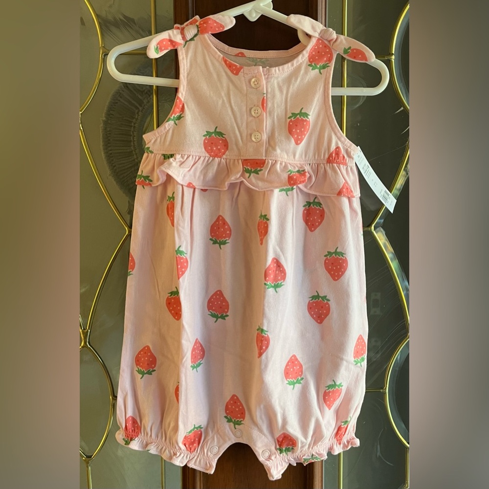 NWT Carter’s Strawberry Ruffley 100% Cotton Summer Romper Baby Girls Size 18M